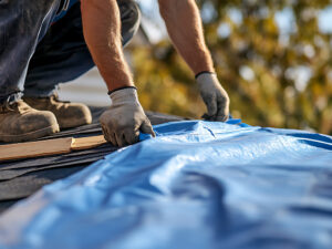 CareMaster contractor installing an emergency tarp on a roof in Rocky Mount NC