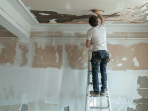 CareMaster contractor repairing a ceiling after storm and water damage in Cary NC