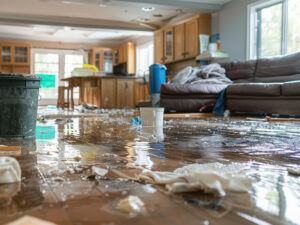flooded living room floor after storm damage in Wilson NC