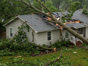 fallen tree causing damage to a roof after a sever thunderstorm in Wilson NC