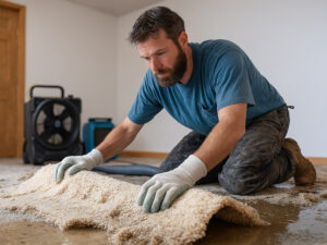 CareMaster technician removing wet carpet from flooded home in Kinston NC
