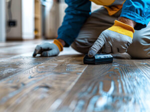 CareMaster technician checking for water damage using a moisture meter in Durham NC home