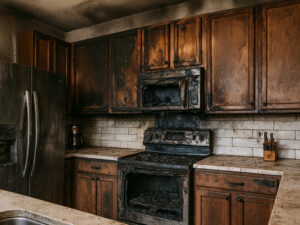fire soot and smoke damaged kitchen in Morrisville NC
