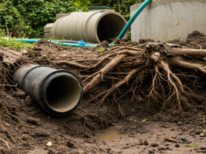 sewage pipe damaged by tree roots outside Wake Forest NC home