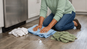 homeowner attempting DIY water cleanup after a dishwasher leak before calling professional water cleanup services.