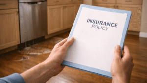 hands holding homeowners insurance paperwork with a leaking dishwasher in the background