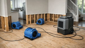 air movers and dehumidifier set up for fast drying after residential water damage