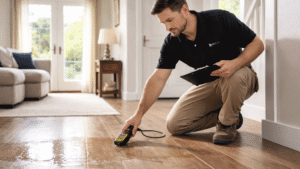 restoration professional inspecting residential water damage with moisture detection equipment in a North Carolina home