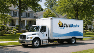 white service truck parked outside a Greenville NC home for water damage restoration service