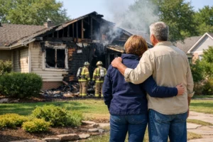 NC couple observing the aftermath of a devastating house fire