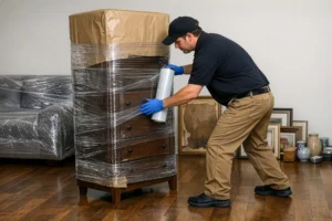 CareMaster technician carefully wrapping water-damaged items for contents restoration