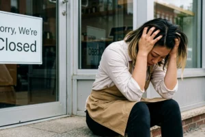 female shop owner frustrated over business interruption coverage after water damage