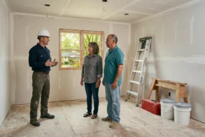 CareMaster contractor meeting with homeowners during home reconstruction after a fire