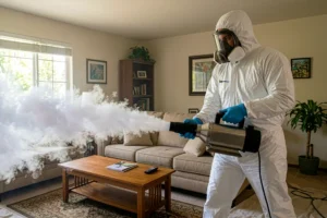 technician using a commercial fogger for smoke odor removal on an NC home