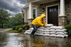 spring flood preparation homeowner stacking sandbags