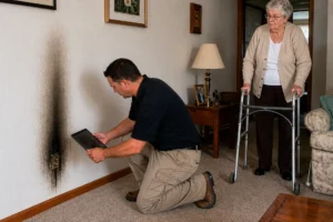 CareMaster technician documenting electrical fires near a scorched wall outlet in the home of an elderly woman in NC