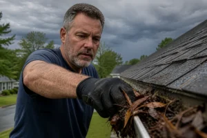 homeowner cleaning gutters to prevent summer storm water damage in North Carolina