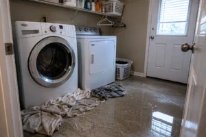 washing machine leak before cleanup in Wilson, NC laundry room