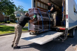 CareMaster technicians loading a piano onto a truck during contents packout after property damage