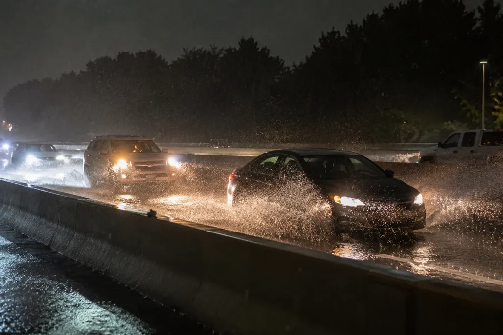 heavy rain causing flash flooding on I-440 near Raleigh, NC