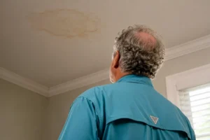homeowner inspecting ceiling water damage inside an NC home