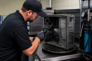 electronics restoration of a computer tower after fire and water damage