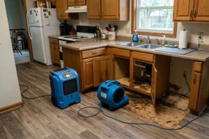 structural drying equipment preventing long-term water damage inside a NC home kitchen