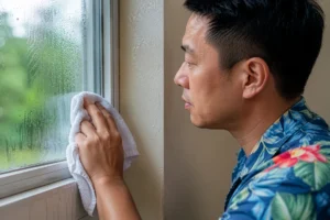 homeowner discovering summer condensation on a window causing mold problems in a North Carolina home
