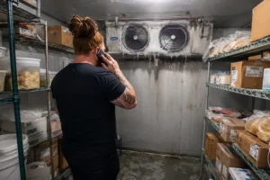 restaurant owner calling CareMaster after observing commercial water damage risks in his walk-in freezer