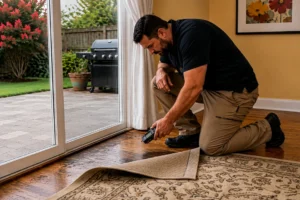 hardwood floor water damage inspection with moisture meter in NC home by CareMaster