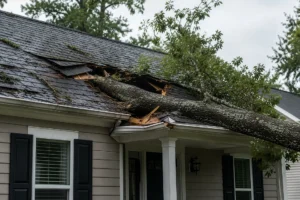 roof storm damage repair in New Bern, NC after a fallen tree caused water leaking through the roof