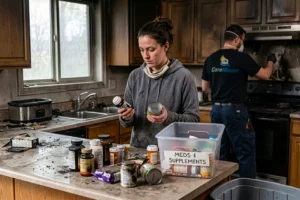 smoke damage cleanup with household items being sorted after a fire