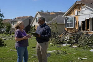 homeowner reviewing storm damage insurance coverage with insurance adjuster after a powerful NC storm
