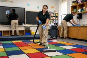 CareMaster technicians professionally cleaning a classroom as part of a summer cleaning checklist for schools