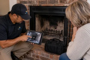dirty chimney inspection showing soot buildup and possible fire risks
