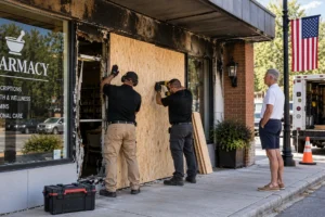 emergency board-up for a pharmacy in Rocky Mount, NC after commercial fire damage