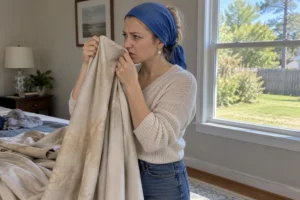 homeowner smelling water-damaged textiles to determine if they might need professional cleaning