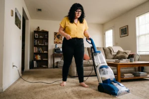 female college student attempting diy carpet cleaning vs hiring a professional
