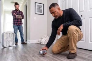 CareMaster technician using a moisture meter to test laminate floor for water damage